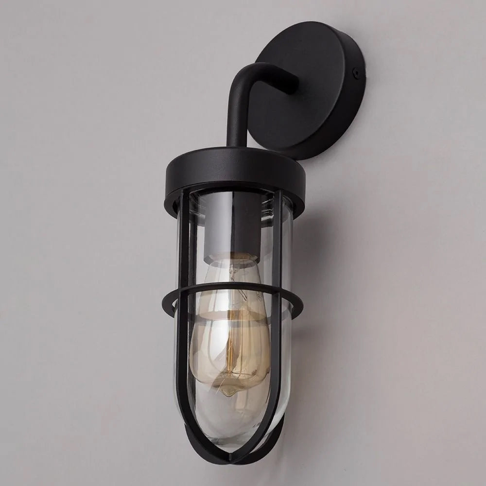 WOKING | Outdoor Cage Down Wall Porch Nautical Industrial Lantern Light | E27 | IP44 | Black