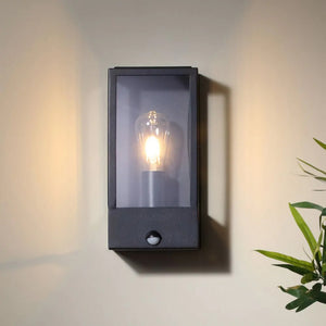 MINERVA | Outdoor Wall Porch Glass Box Lantern Light | E27 | IP44 | Black | PIR Motion Sensor