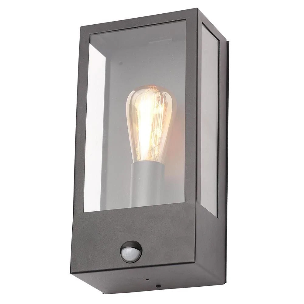 MINERVA | Outdoor Wall Porch Glass Box Lantern Light | E27 | IP44 | Black | PIR Motion Sensor