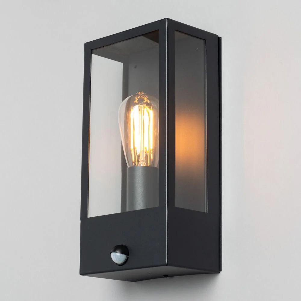 MINERVA | Outdoor Wall Porch Glass Box Lantern Light | E27 | IP44 | Black | PIR Motion Sensor