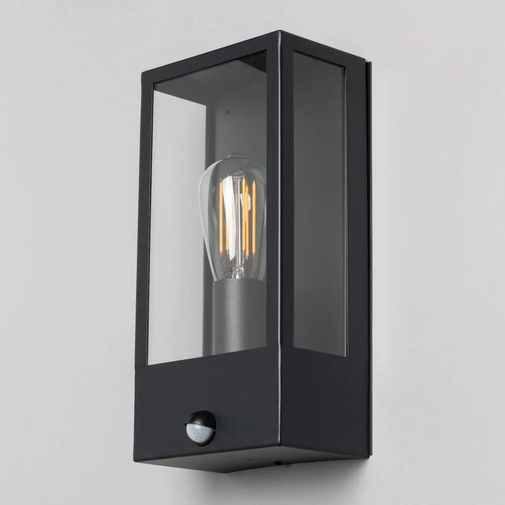 MINERVA | Outdoor Wall Porch Glass Box Lantern Light | E27 | IP44 | Black | PIR Motion Sensor