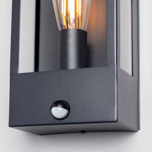 MINERVA | Outdoor Wall Porch Glass Box Lantern Light | E27 | IP44 | Black | PIR Motion Sensor