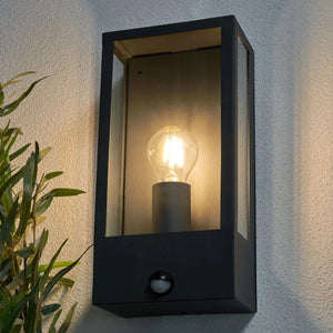 MINERVA | Outdoor Wall Porch Glass Box Lantern Light | E27 | IP44 | Anthracite | PIR Motion Sensor