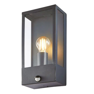 MINERVA | Outdoor Wall Porch Glass Box Lantern Light | E27 | IP44 | Anthracite | PIR Motion Sensor