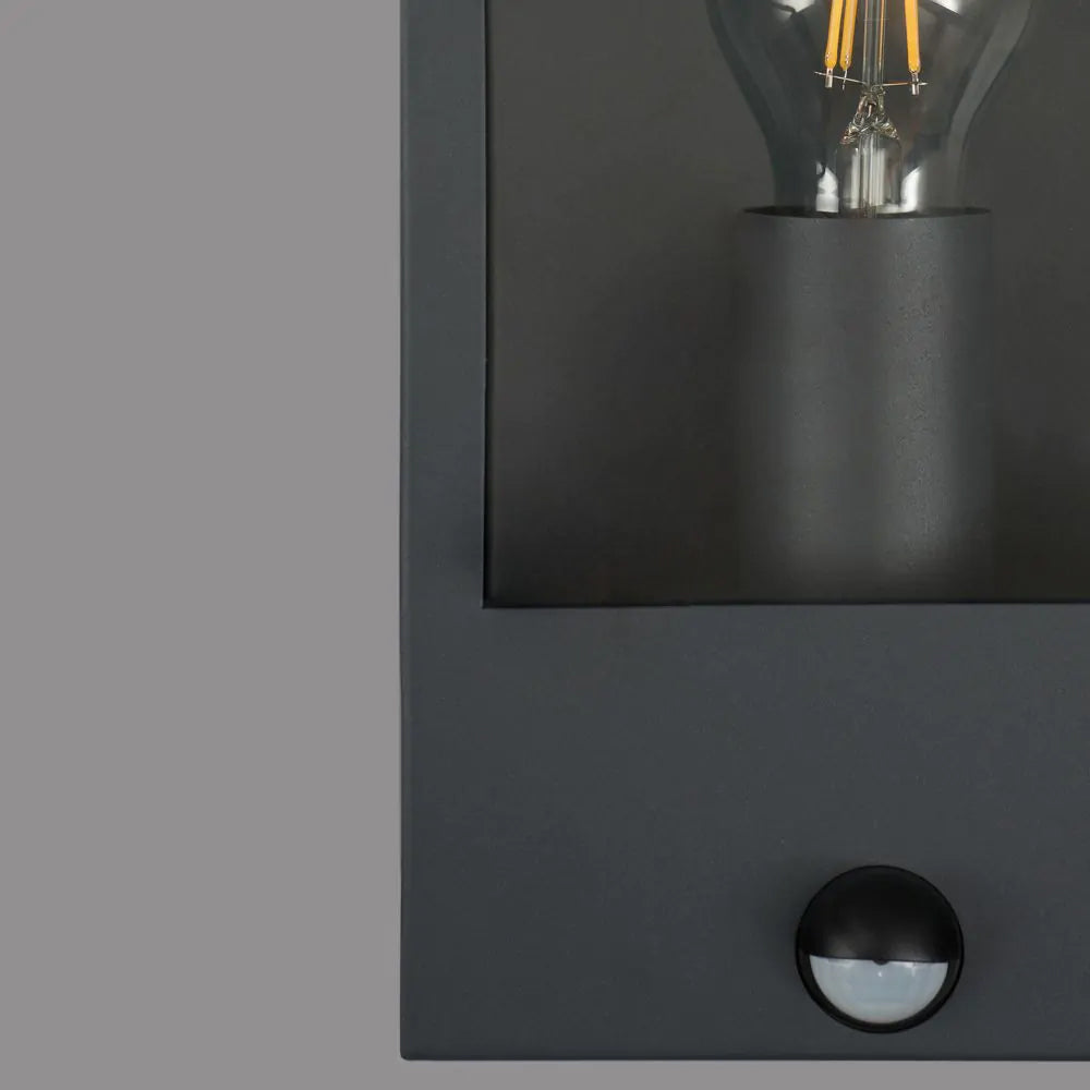 MINERVA | Outdoor Wall Porch Glass Box Lantern Light | E27 | IP44 | Anthracite | PIR Motion Sensor