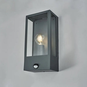 MINERVA | Outdoor Wall Porch Glass Box Lantern Light | E27 | IP44 | Anthracite | PIR Motion Sensor