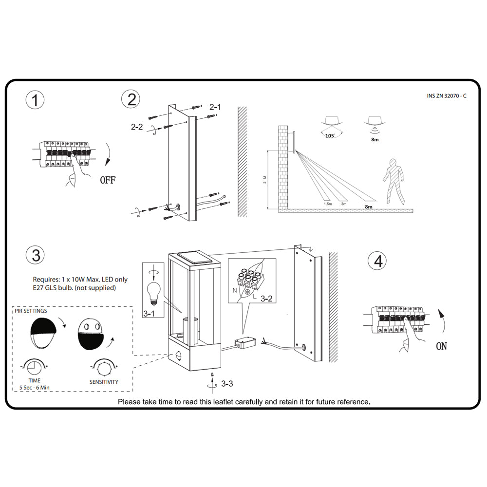 MINERVA | Outdoor Wall Porch Glass Box Lantern Light | E27 | IP44 | Black | PIR Motion Sensor