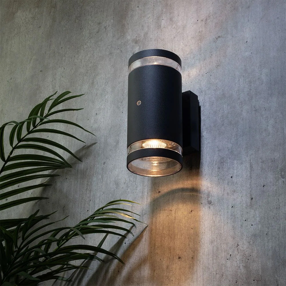 LENS | Outdoor Cylinder Up & Down Wall Light Fitting | GU10 | IP44 | Anthracite | Photocell Dusk to Dawn