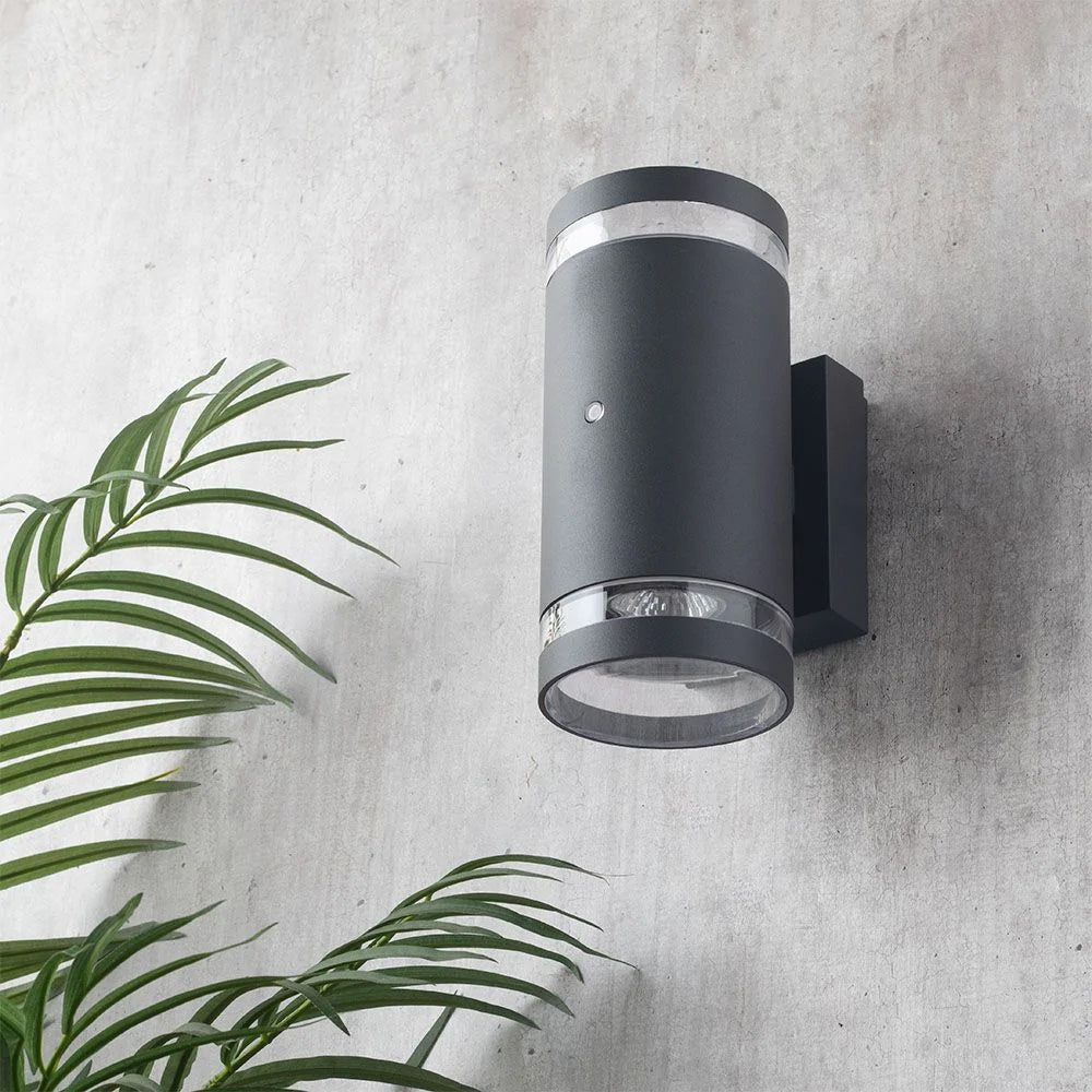 LENS | Outdoor Cylinder Up & Down Wall Light Fitting | GU10 | IP44 | Anthracite | Photocell Dusk to Dawn