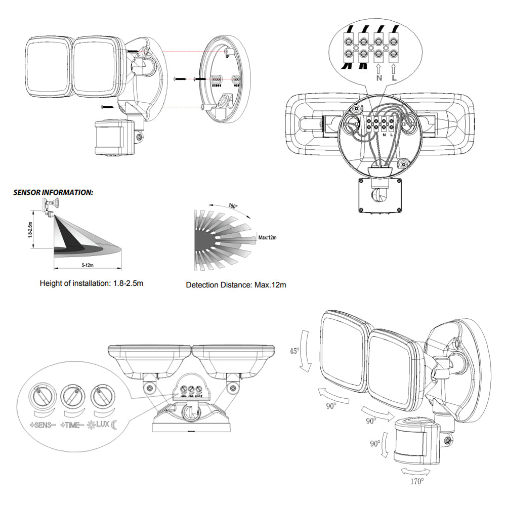 LYNN | LED Outdoor Twin Wall Spot Flood Light | 20W 1250lm | IP65 | Black | PIR Motion Sensor