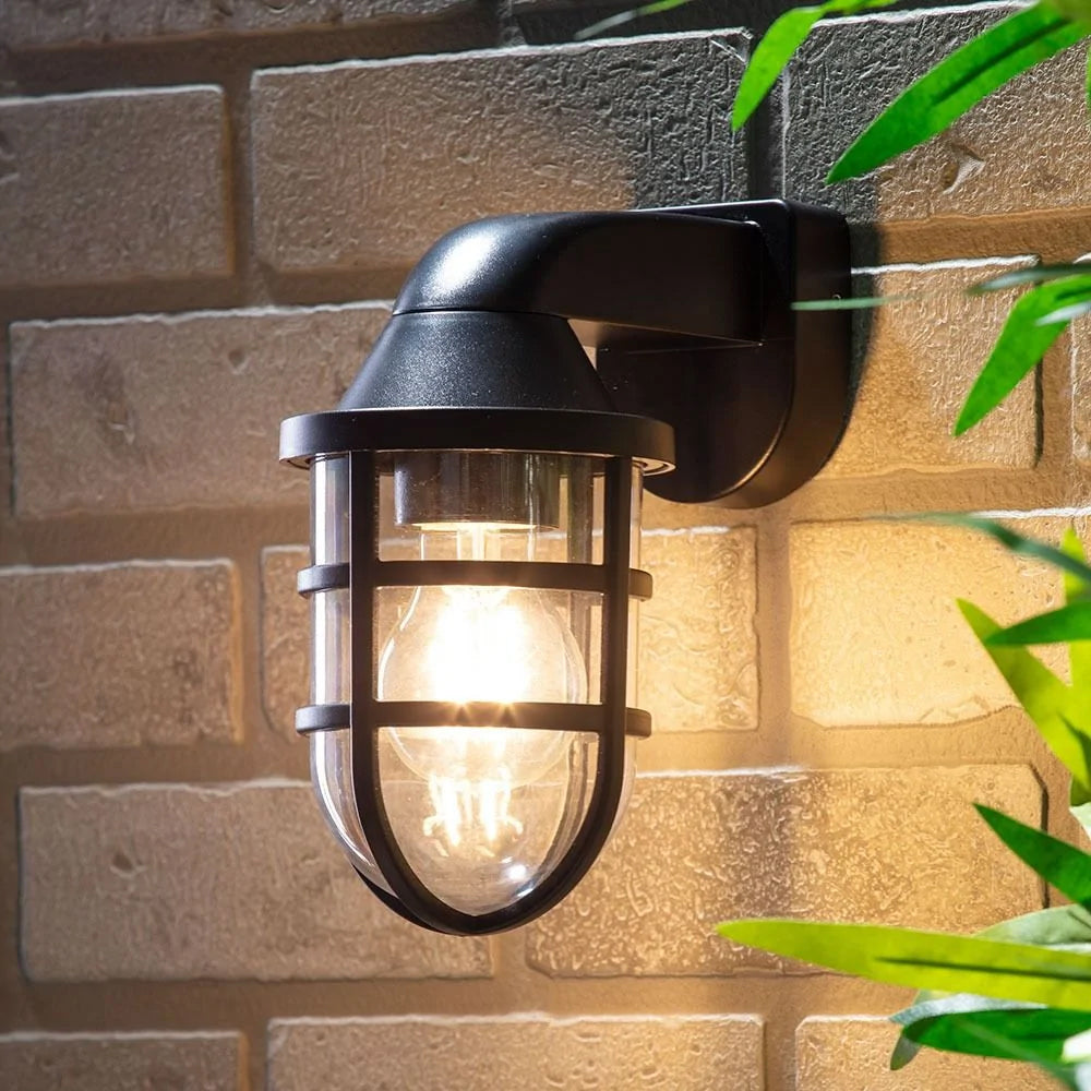 JURA | Outdoor Cage Down Wall Porch Nautical Industrial Lantern Light | E27 | IP44 | Black