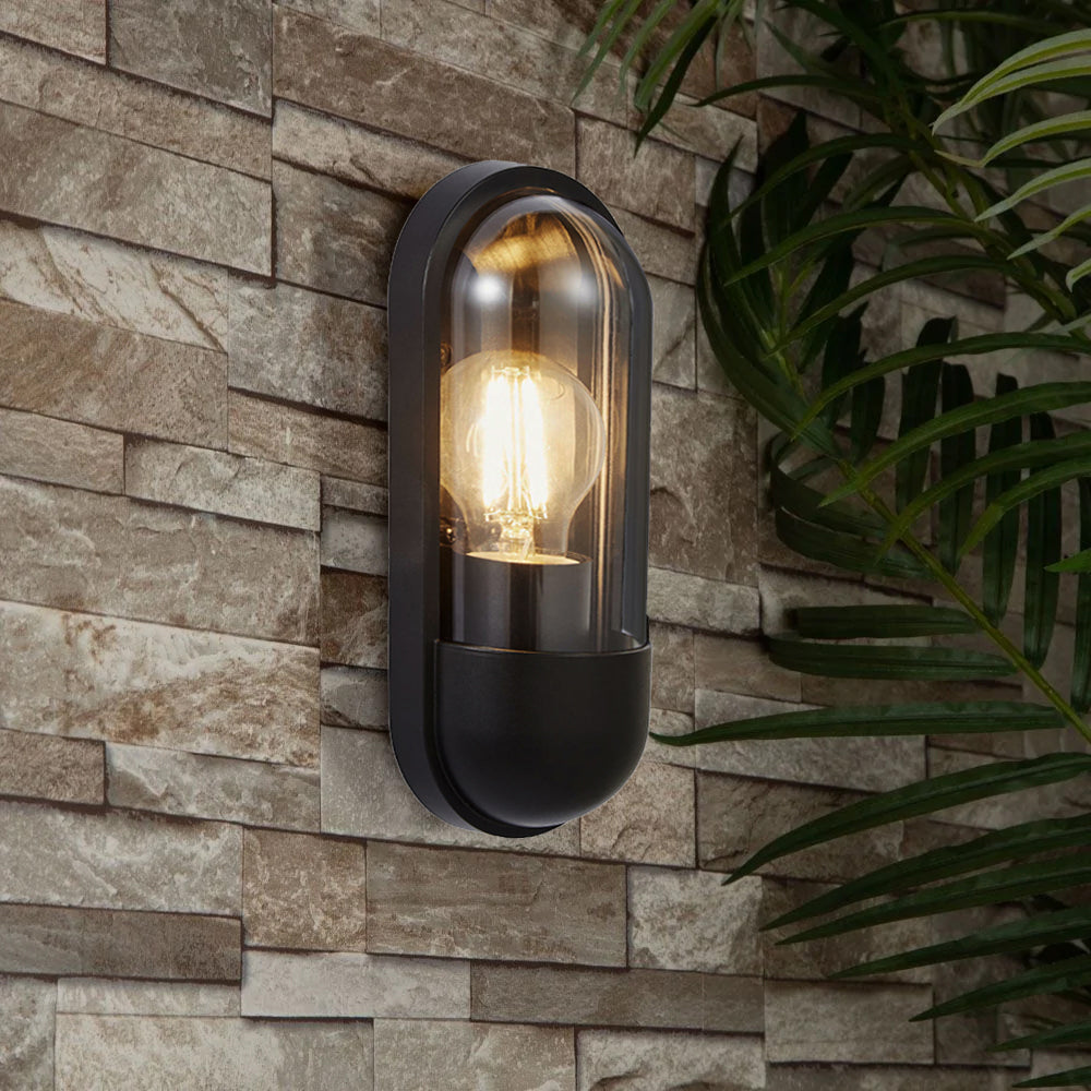 PILULE | Oval Bulkhead Outdoor Glass Wall Light Lantern | E27 | IP44 | Black