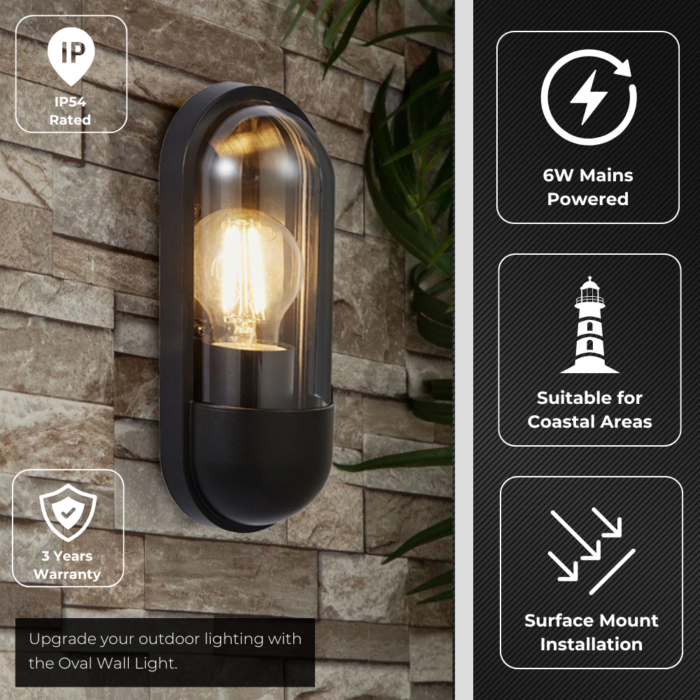 PILULE | Oval Bulkhead Outdoor Glass Wall Light Lantern | E27 | IP44 | Black