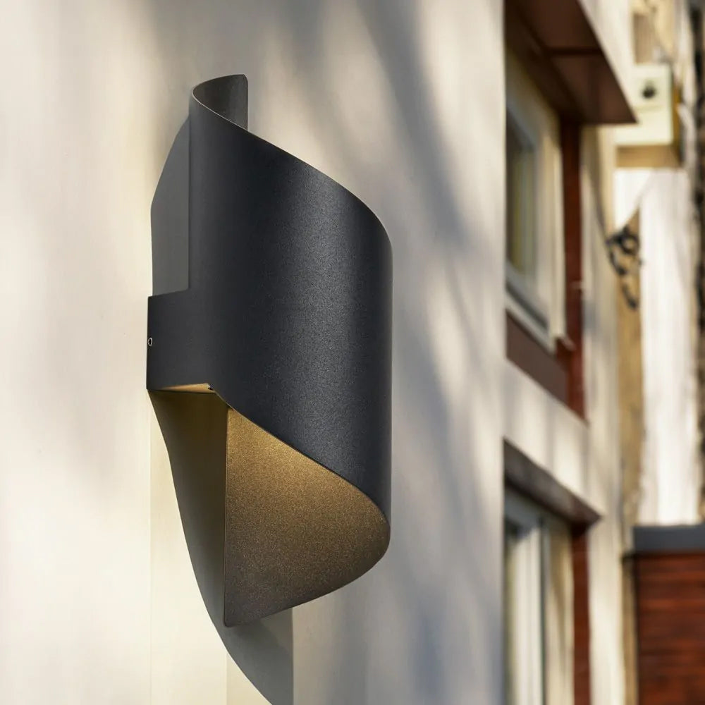 BUDE | Curved Up Down Coil Twist Wall Light Indoor Outdoor Fitting | 9W LED | 4000K Neutral White | IP54 | Black