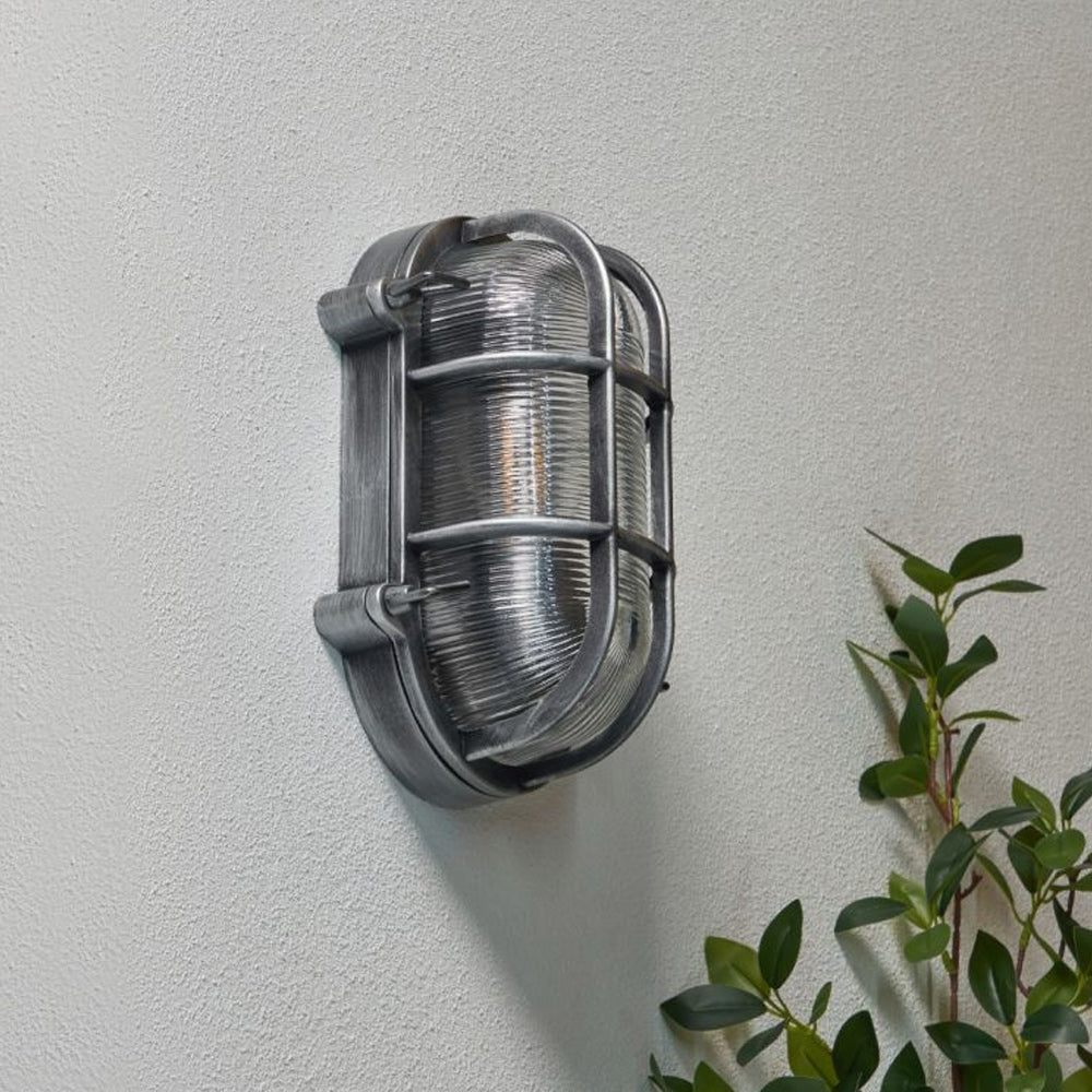 DAVEY | Outdoor Caged Oval Industrial Marine Nautical Wall Porch Bulkhead Light | E27 | IP44 | Silver