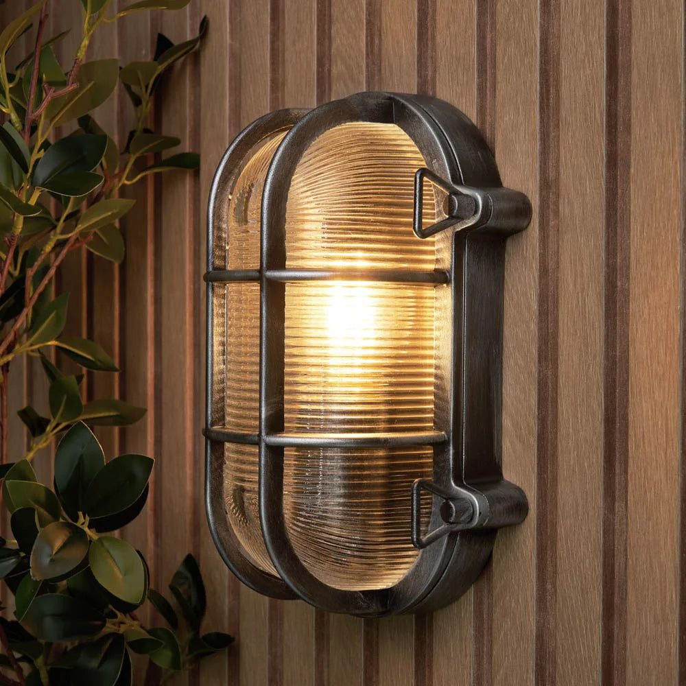 DAVEY | Outdoor Caged Oval Industrial Marine Nautical Wall Porch Bulkhead Light | E27 | IP44 | Silver