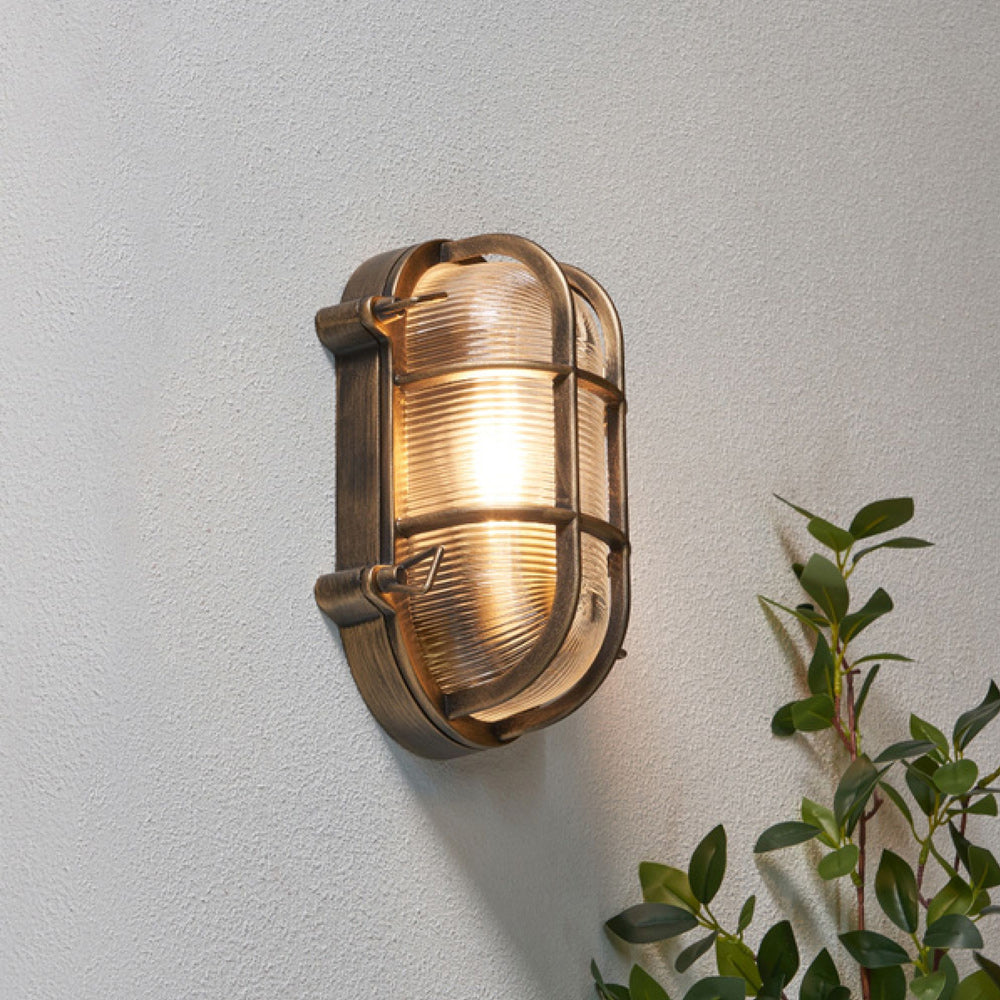 DAVEY | Outdoor Caged Oval Industrial Marine Nautical Wall Porch Bulkhead Light | E27 | IP44 | Gold