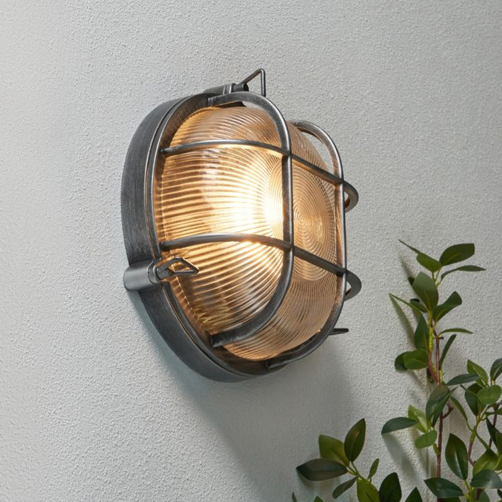 DAVEY | Outdoor Caged Round Industrial Marine Nautical Wall Porch Bulkhead Light | E27 | IP44 | Silver