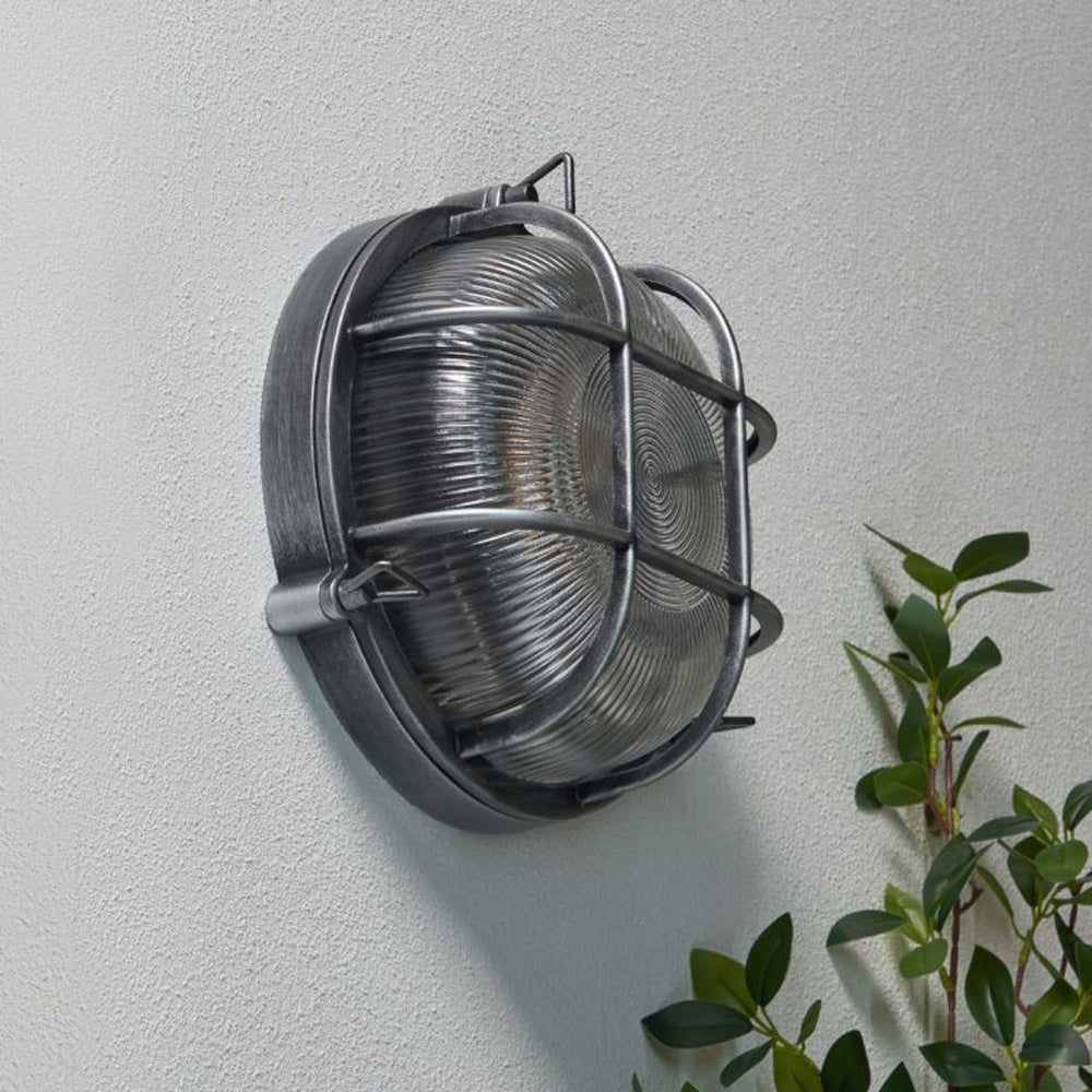 DAVEY | Outdoor Caged Round Industrial Marine Nautical Wall Porch Bulkhead Light | E27 | IP44 | Silver