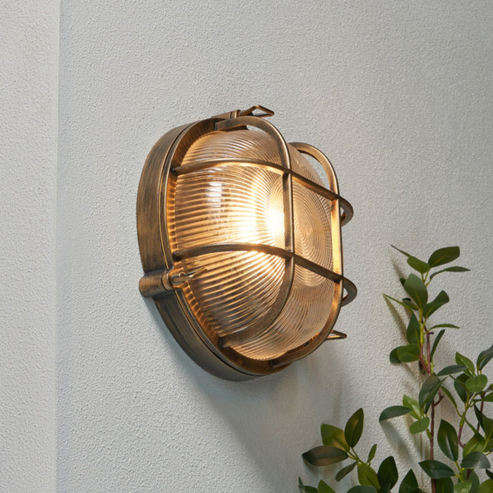 DAVEY | Outdoor Caged Round Industrial Marine Nautical Wall Porch Bulkhead Light | E27 | IP44 | Gold