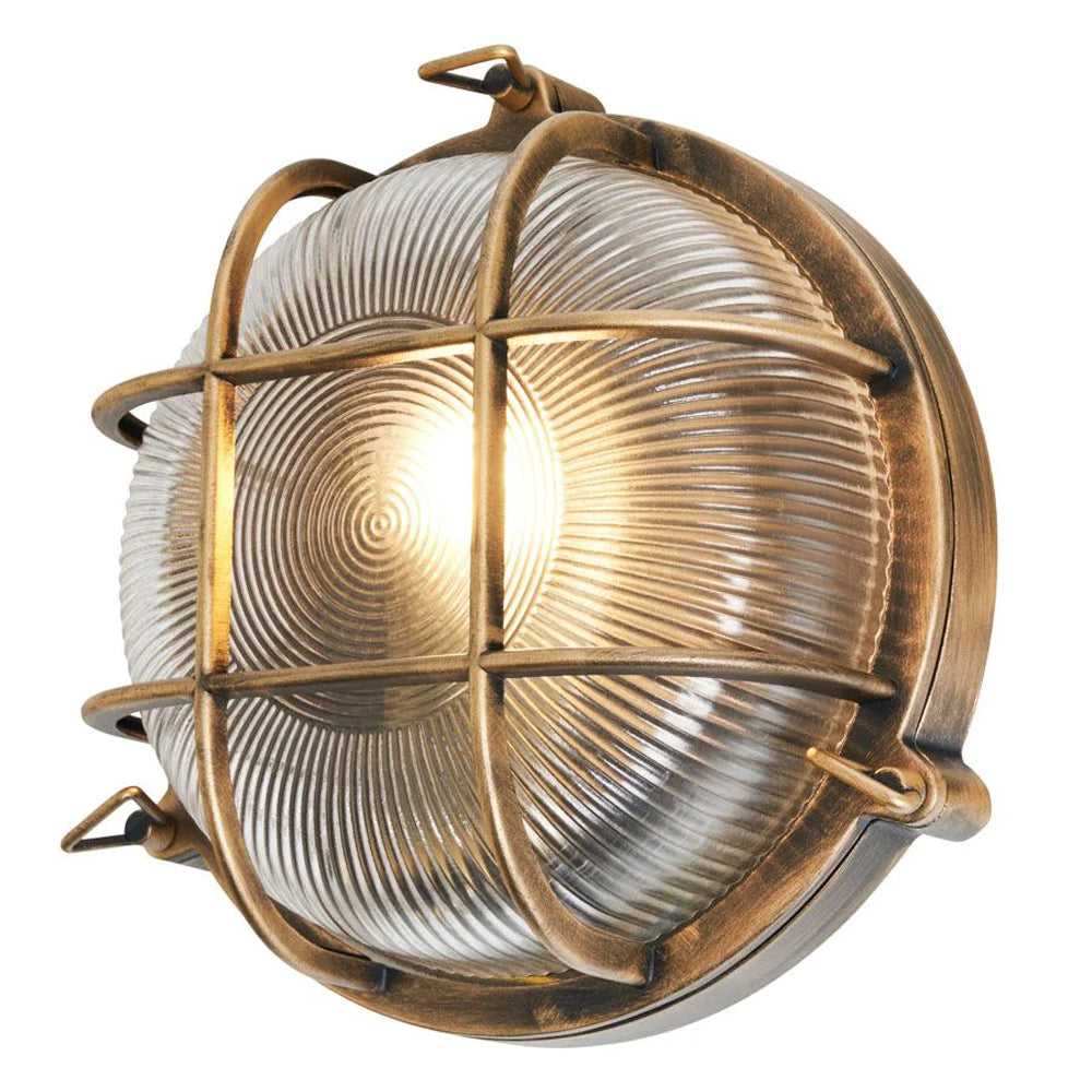 DAVEY | Outdoor Caged Round Industrial Marine Nautical Wall Porch Bulkhead Light | E27 | IP44 | Gold