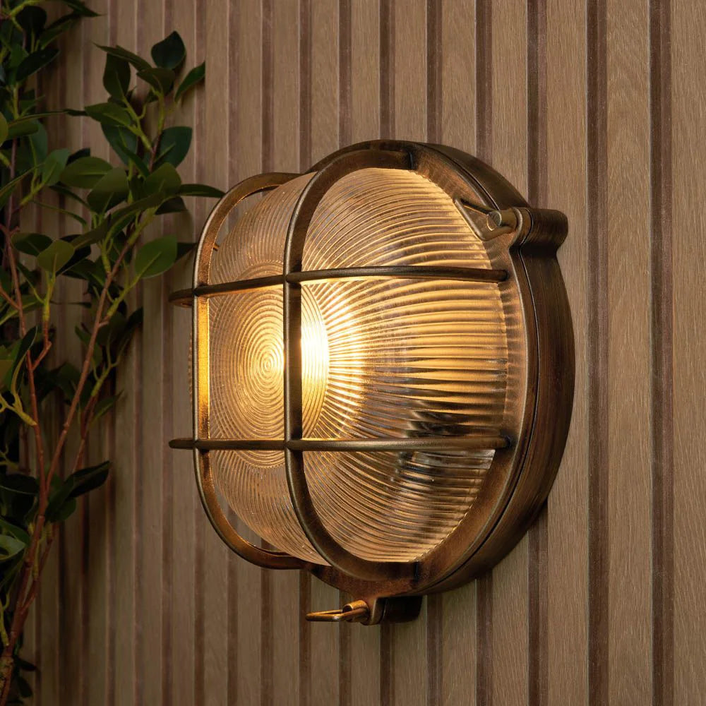 DAVEY | Outdoor Caged Round Industrial Marine Nautical Wall Porch Bulkhead Light | E27 | IP44 | Gold