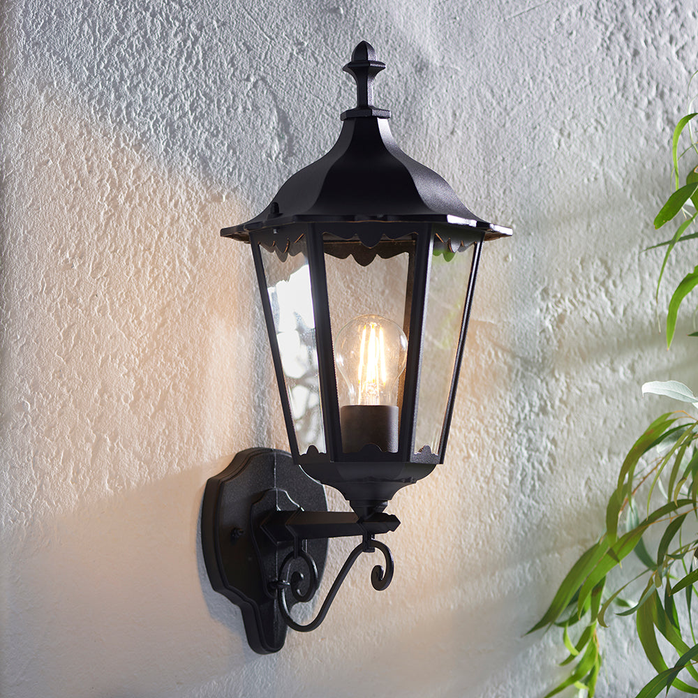 BURFORD | Outdoor Wall Porch Coach Up Lantern Light | Die-Cast Aluminium | E27 | IP44 | Black