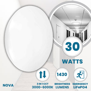 NOVA Large 400mm Commercial Bulkhead Light Fitting | LED 30W | CCT Tri-colour | IP44 | Emergency