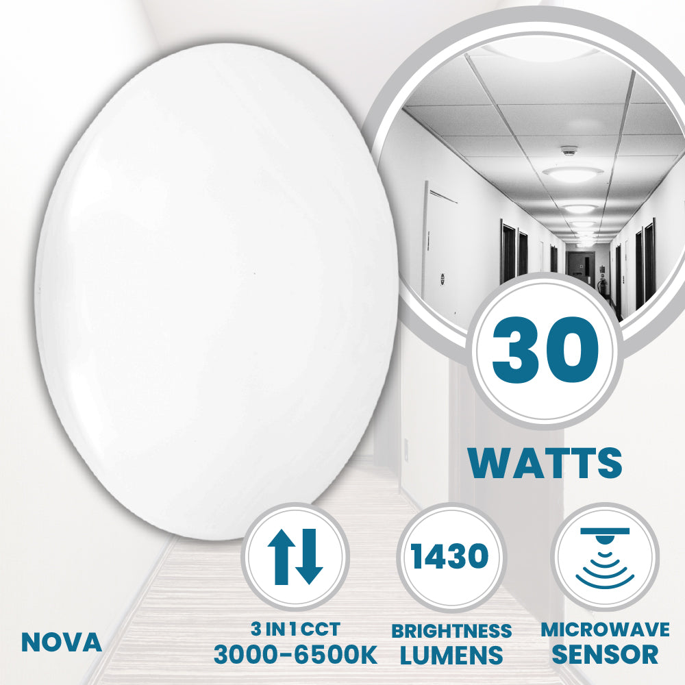 NOVA Large 400mm Commercial Bulkhead Light Fitting | LED 30W | CCT Tri-Colour | IP44 | Microwave Sensor