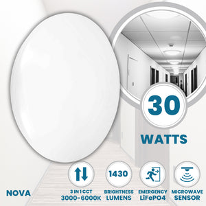 NOVA Large 400mm Commercial Bulkhead Light Fitting | LED 30W | CCT Tri-Colour | IP44 | Microwave Emergency