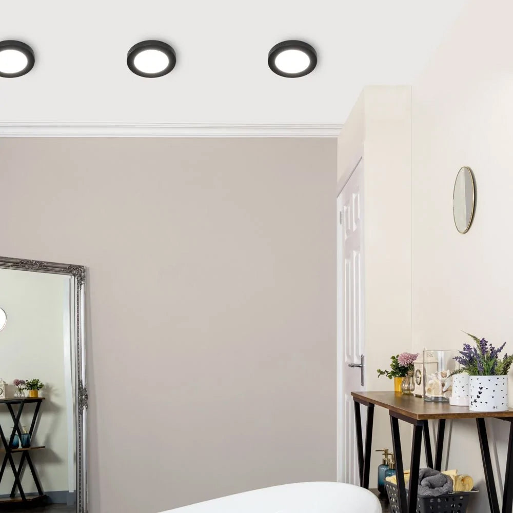 Adjustable Slim Flat Recessed / Surface Round Downlight Panel Light Fitting | LED 6W 600lm | CCT Tri-Colour | IP44 | Black