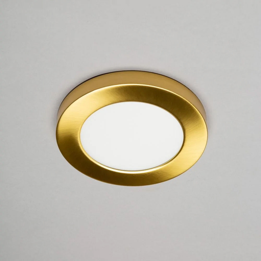 Adjustable Slim Flat Recessed / Surface Round Downlight Panel Light Fitting | LED 6W 600lm | CCT Tri-Colour | IP44 | Satin Brass