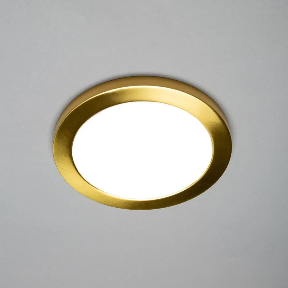 Adjustable Slim Flat Recessed / Surface Round Downlight Panel Light Fitting | LED 18W 1800lm | CCT Tri-Colour | IP44 | Satin Brass