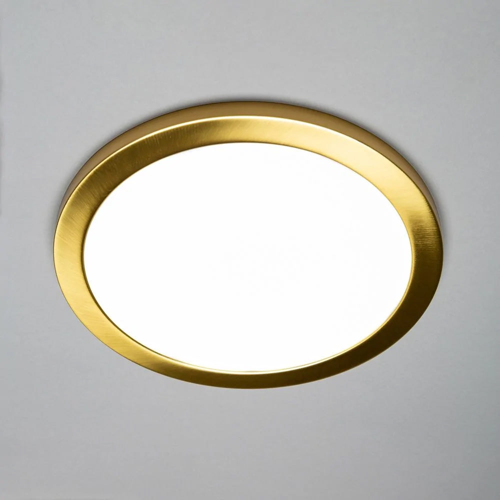 Adjustable Slim Flat Recessed / Surface Round Downlight Panel Light Fitting | LED 24W 2400lm | CCT Tri-Colour | IP44 | Satin Brass