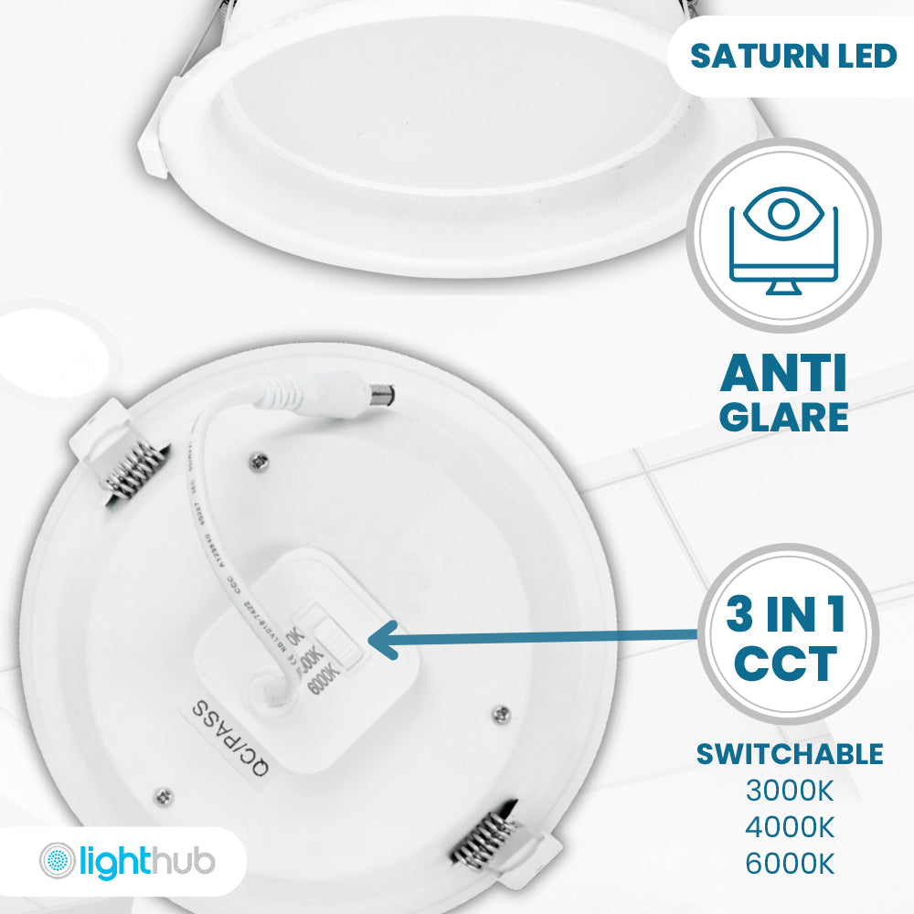 SATURN LED Recessed Round Dimmable Commercial Downlight Fitting | 7W 750lm | CCT Tri-Colour | IP44 | Standard