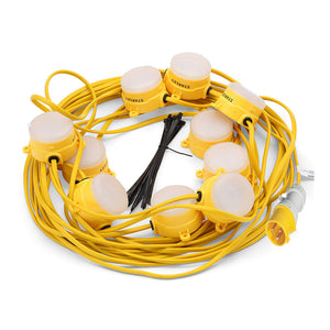 110V 22m LED Festoon Work Light String | 6400lm 6500K | Durable Outdoor Lighting for Construction Sites | Yellow