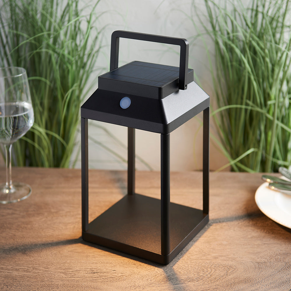 LINTERNA | Portable Outdoor Porch Patio Lantern Table / Floor Light | IP44 | Solar LED - 3 Touch Dimmer | Black