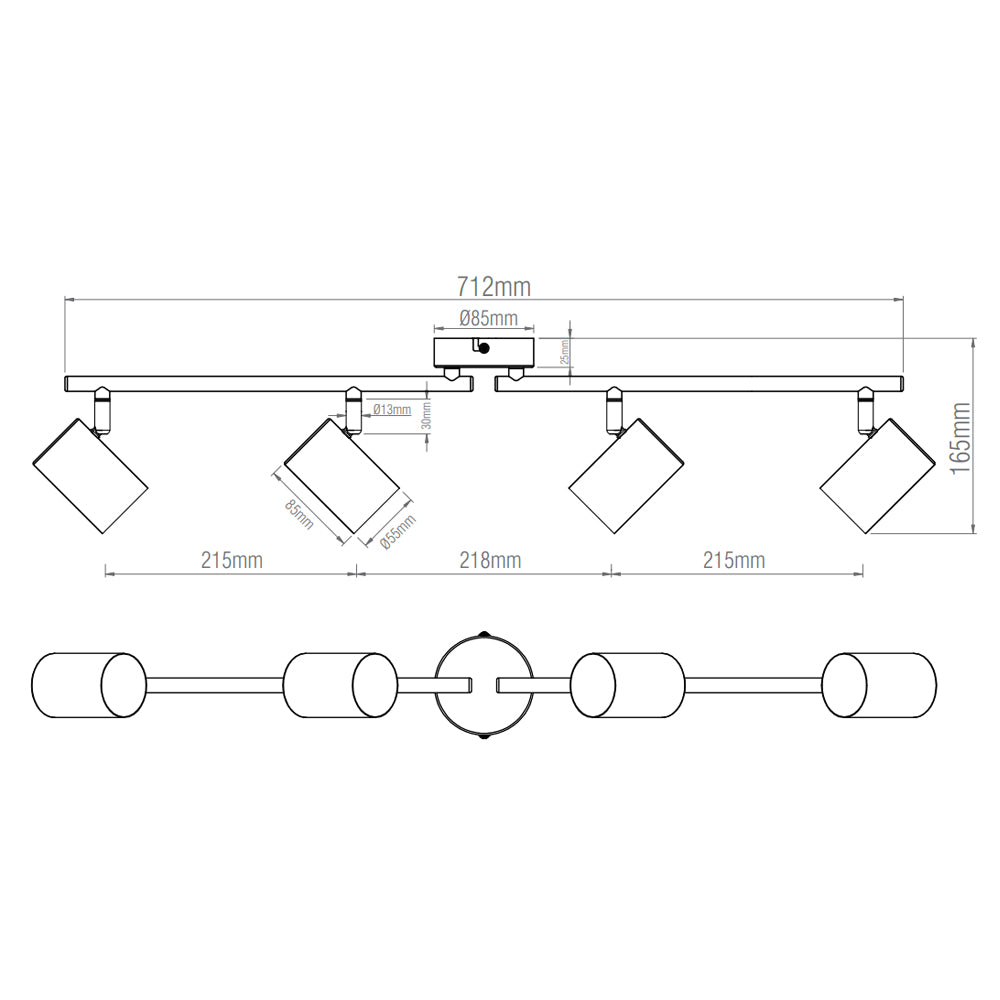 AREZZO | 4 Bar Semi Flush Ceiling Spotlight Fitting | GU10 | IP20 | Matt Black with Chrome