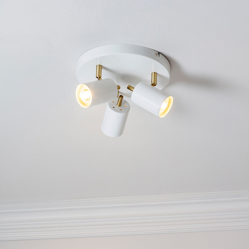 GULL | Triple Semi Flush Ceiling Spotlight Fitting | 3 x GU10 | IP20 | Matt White & Satin Gold