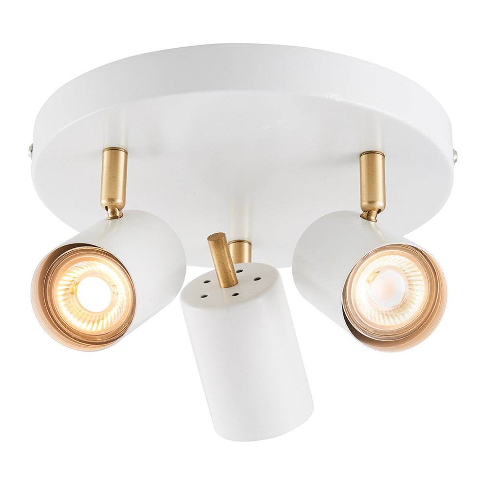 GULL | Triple Semi Flush Ceiling Spotlight Fitting | 3 x GU10 | IP20 | Matt White & Satin Gold