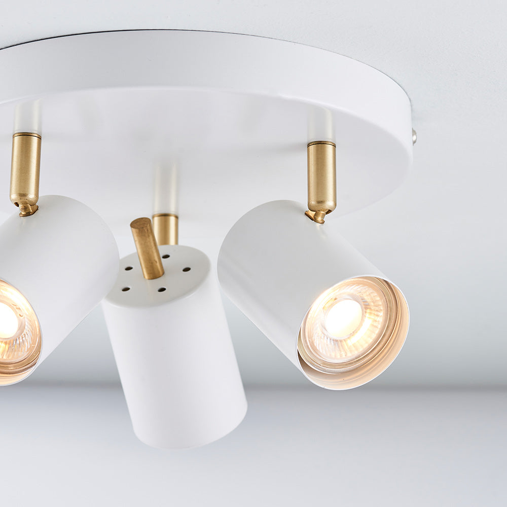 GULL | Triple Semi Flush Ceiling Spotlight Fitting | 3 x GU10 | IP20 | Matt White & Satin Gold