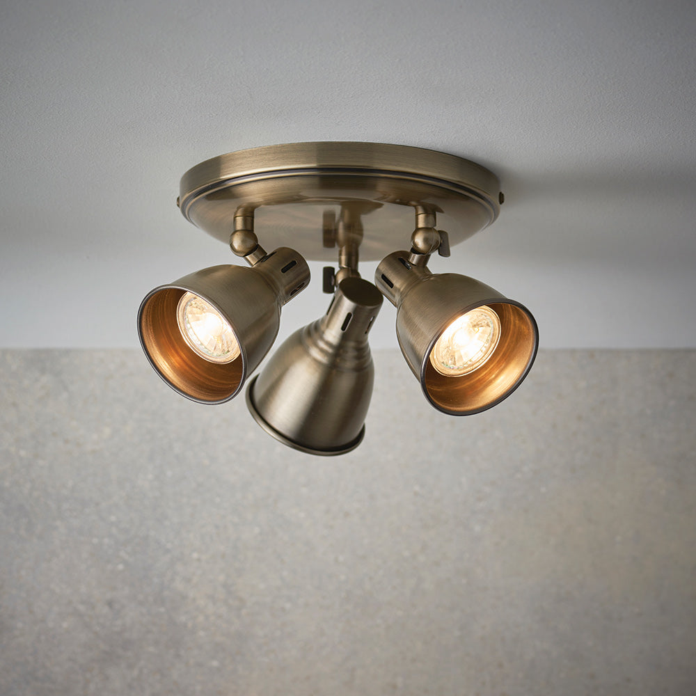 WESTBURY | Triple Semi Flush Ceiling Spotlight Classic Vintage Fitting | GU10 | IP20 | Antique Brass