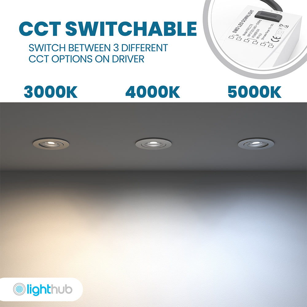 STRATA ONE | Tri-Colour CCT | LED Fire Rated Downlight | Dimmable 6W 600lm | IP65 | Polished Chrome