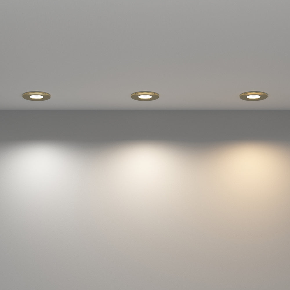 STRATA 5 | Tri-Colour CCT | LED Fire Rated Downlight | Dimmable 5W 600lm | IP65 | Brass