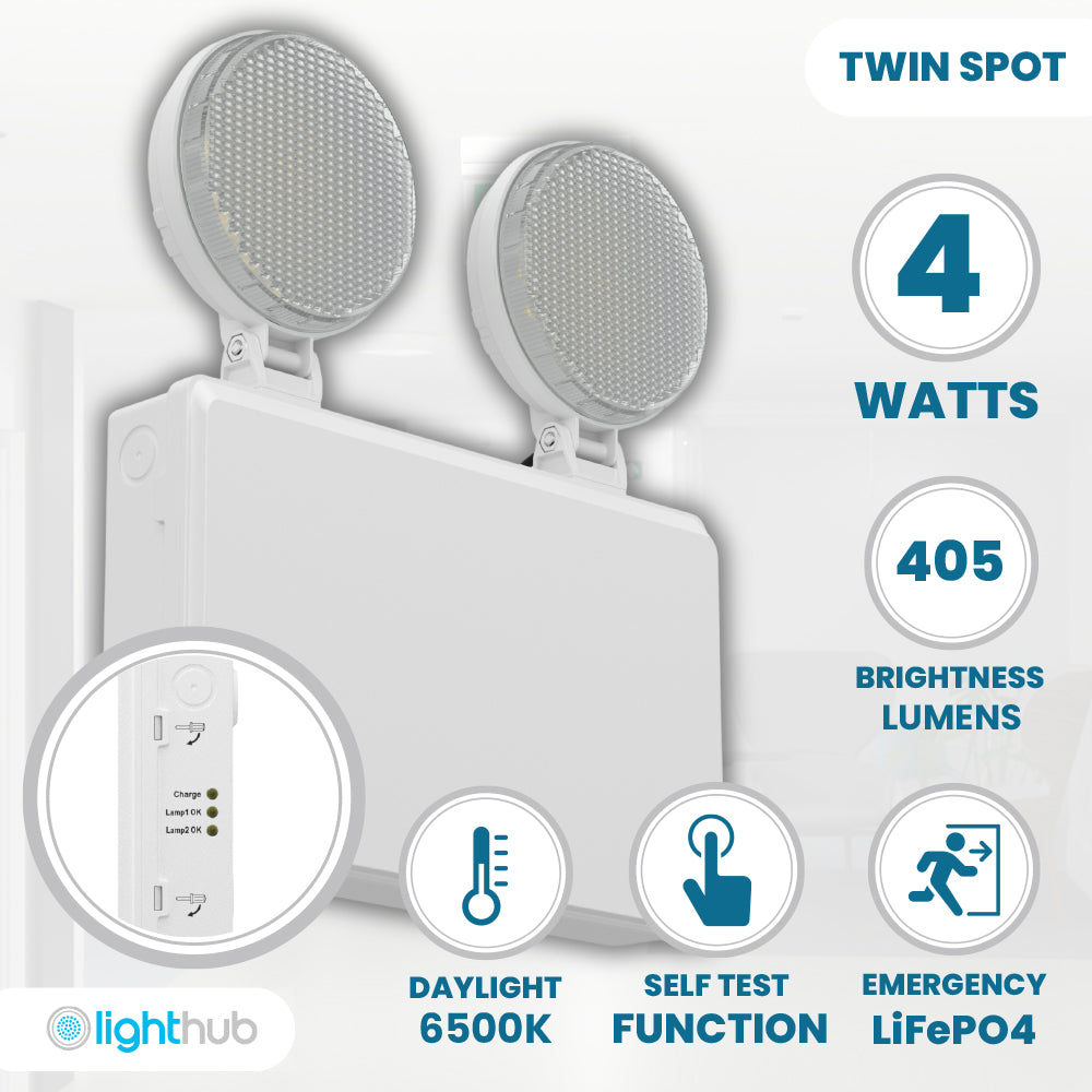 TWIN SPOT Self-Test Wall Light | LED 4W 405LM | 6500K Daylight | IP20 | Non-Maintained | 3hr Emergency Function