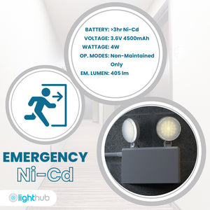 TWIN SPOT Self-Test Wall Light | LED 4W 405LM | 6500K Daylight | IP20 | Non-Maintained | 3hr Emergency Function