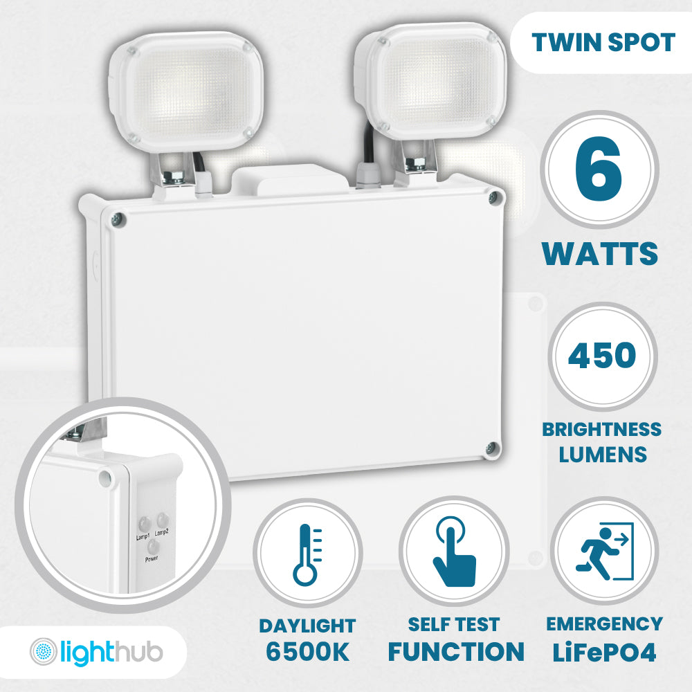 Twin Spot Non Maintained Self Test Wall Light | LED 6W 490lm | 6000K Daylight | IP65 | 3hr Emergency