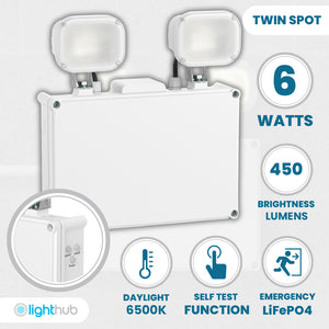 Twin Spot Non Maintained Self Test Wall Light | LED 6W 490lm | 6000K Daylight | IP65 | 3hr Emergency