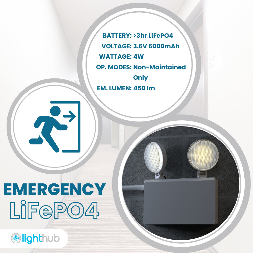 Twin Spot Non Maintained Self Test Wall Light | LED 6W 490lm | 6000K Daylight | IP65 | 3hr Emergency