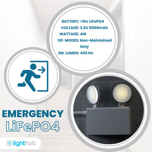 Twin Spot Non Maintained Self Test Wall Light | LED 6W 490lm | 6000K Daylight | IP65 | 3hr Emergency